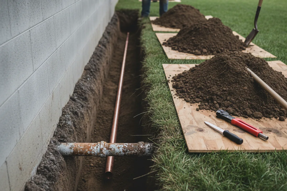 Excavated water line trench during Water Softener Installation in Lyndonville